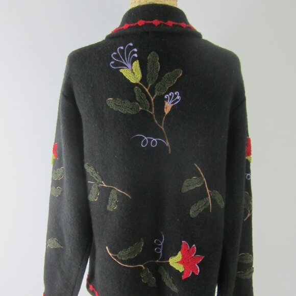 Tally Ho Womens S Black Boiled Wool Floral Full Zip Long Sleeve Jacket Cardigan - Picture 5 of 16